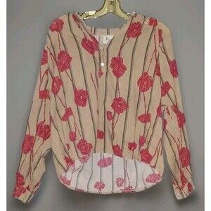 Vtg French Floral 100% Cotton Top Beige Red M Romantic Made In Paris France Chic